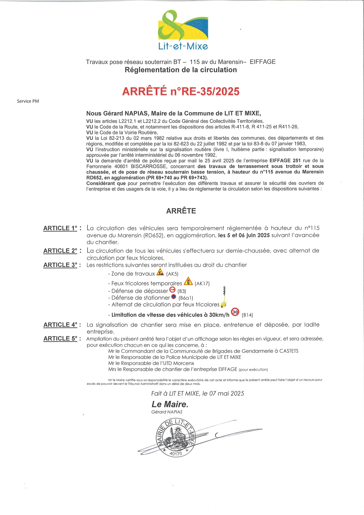 ARR_RE_35_2025 Arr Police - trvx pose réseau souterrain BT avec alternat feux - 115 av du Marensin (EIFFAGE).jpg